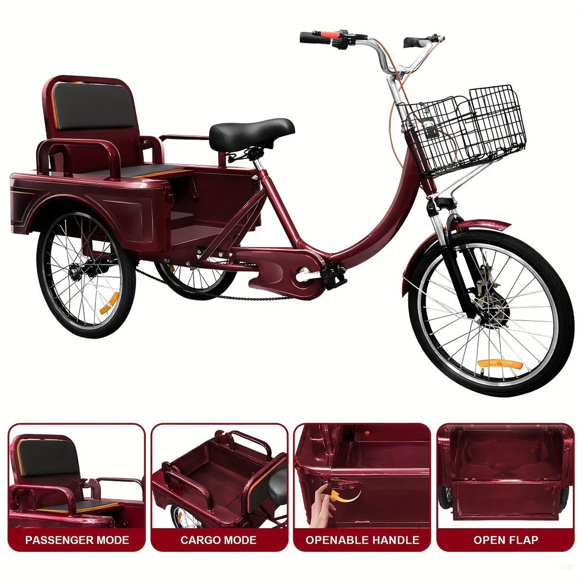 Tricycle, 20 Inch 3-Wheel Bikes Carrying Passengers And Cargo, Trike for with Front Baskets for Low Step-Through Cruiser Bike for Cycling, Outing, Picnic
