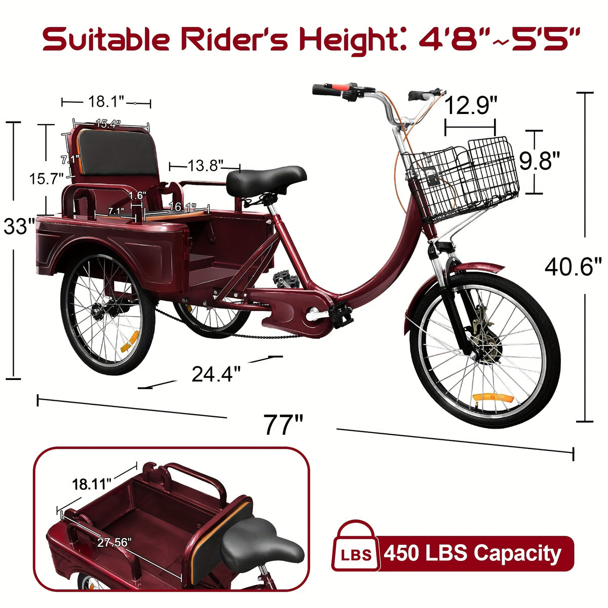 Tricycle, 20 Inch 3-Wheel Bikes Carrying Passengers And Cargo, Trike for with Front Baskets for Low Step-Through Cruiser Bike for Cycling, Outing, Picnic