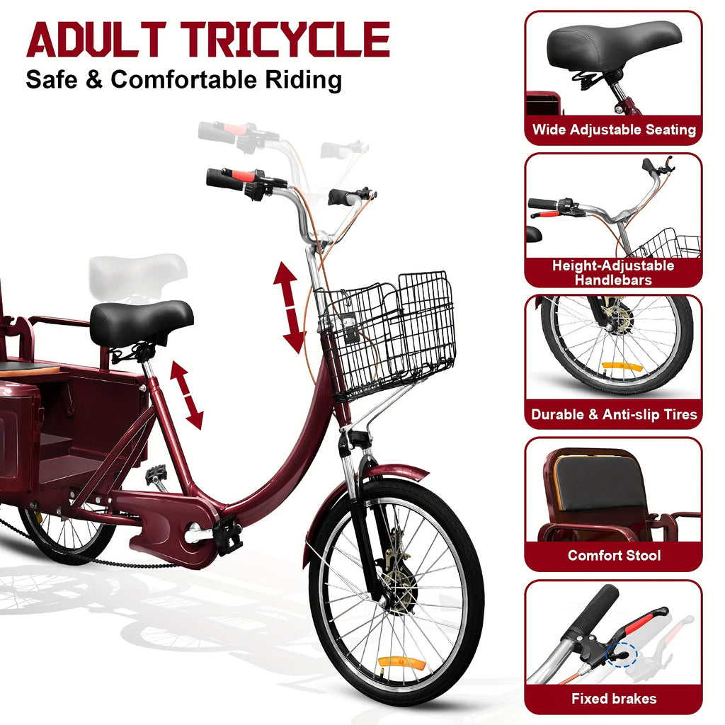 Tricycle, 20 Inch 3-Wheel Bikes Carrying Passengers And Cargo, Trike for with Front Baskets for Low Step-Through Cruiser Bike for Cycling, Outing, Picnic