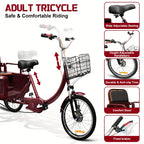 Tricycle, 20 Inch 3-Wheel Bikes Carrying Passengers And Cargo, Trike for with Front Baskets for Low Step-Through Cruiser Bike for Cycling, Outing, Picnic