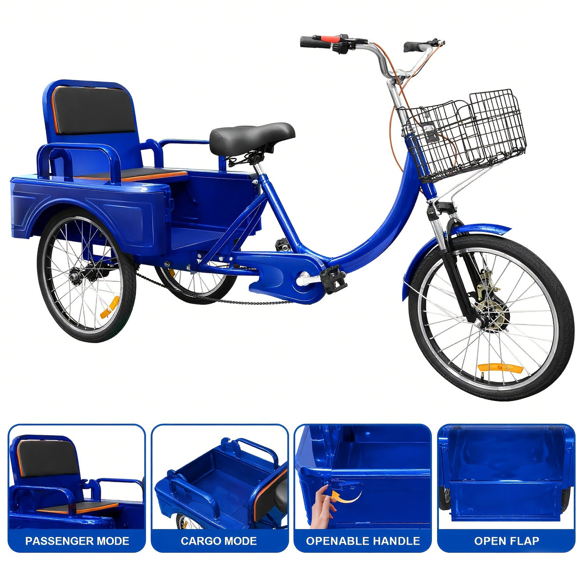 Tricycle, 20 Inch 3-Wheel Bikes Carrying Passengers And Cargo, Trike for with Front Baskets for Low Step-Through Cruiser Bike for Cycling, Outing, Picnic
