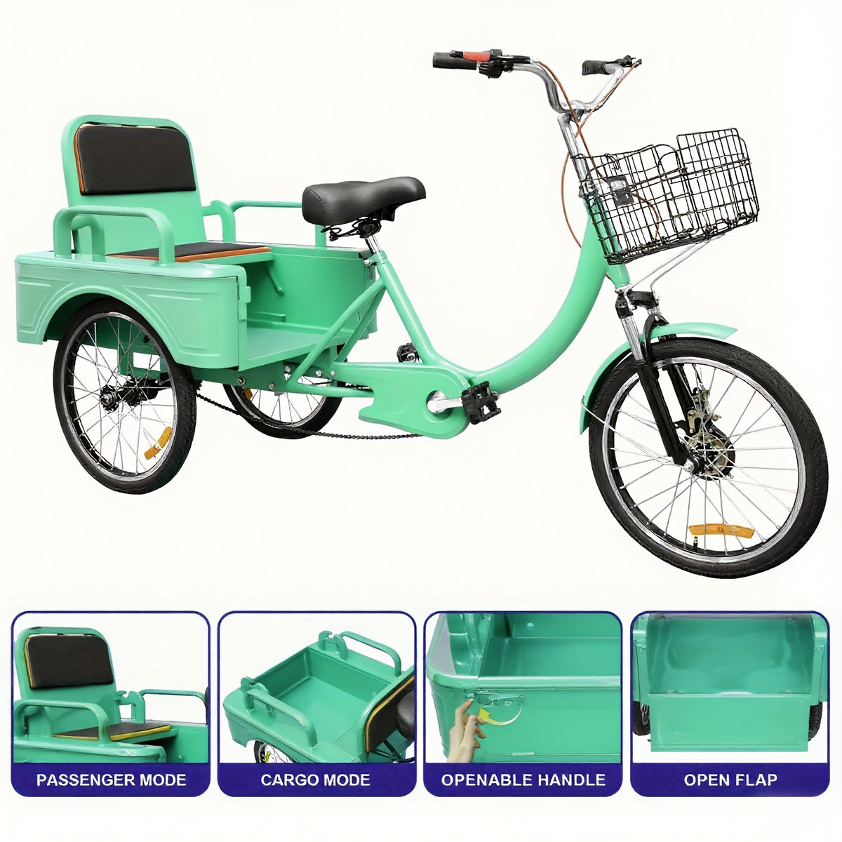 Tricycle, 20 Inch 3-Wheel Bikes Carrying Passengers And Cargo, Trike for with Front Baskets for Low Step-Through Cruiser Bike for Cycling, Outing, Picnic