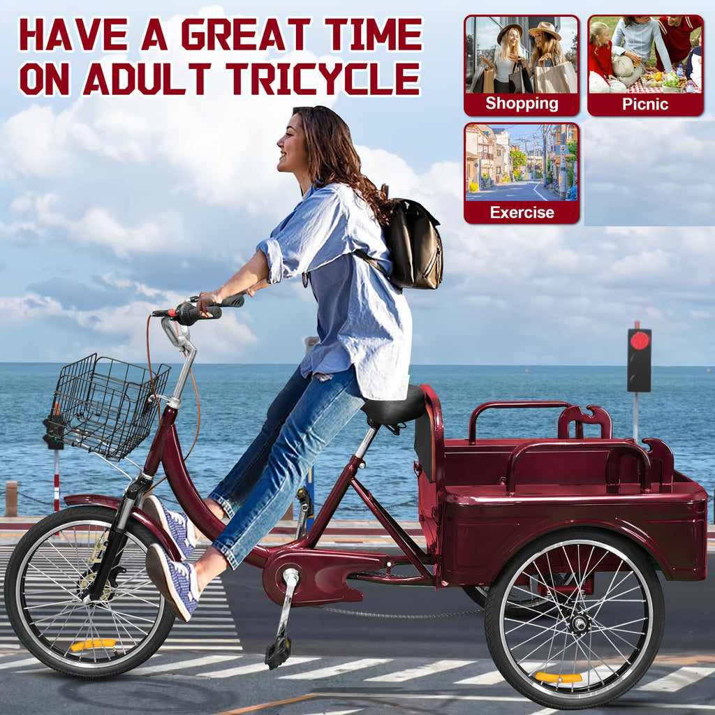Tricycle, 20 Inch 3-Wheel Bikes Carrying Passengers And Cargo, Trike for with Front Baskets for Low Step-Through Cruiser Bike for Cycling, Outing, Picnic