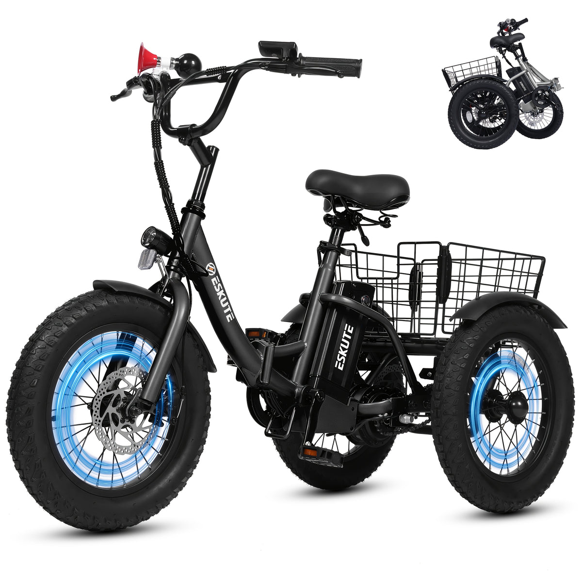 Electric Folding Tricycle for Middle-Aged&Elderly Adults, Low Step-Through Frame, 16 X 3.0 Inch Tires, 15AhRemovable Battery, Adjustable Height Seat with Baskets, for Grocery&Cargo, Fits Riders 3'9" to 5'7"