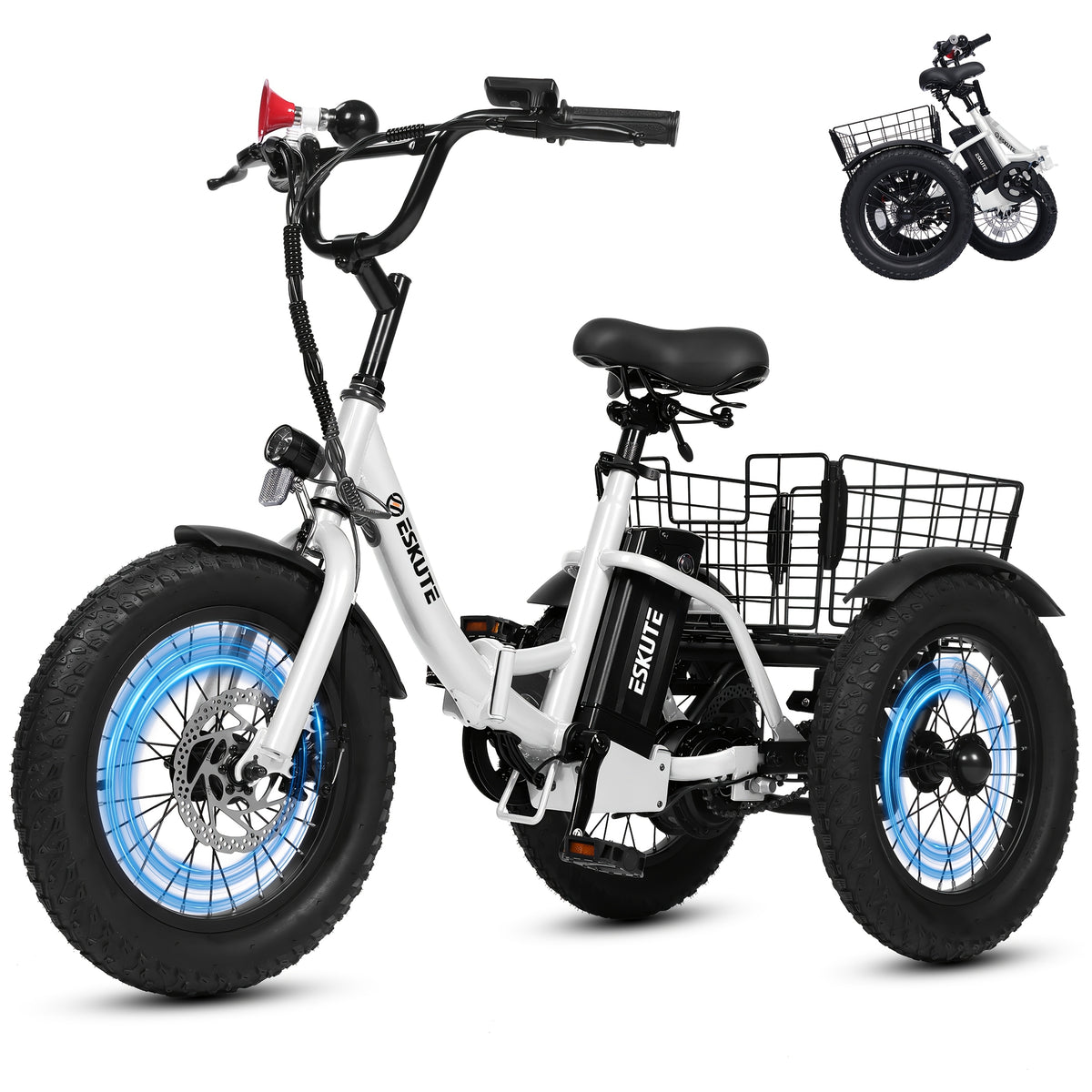Electric Folding Tricycle for Middle-Aged&Elderly Adults, Low Step-Through Frame, 16 X 3.0 Inch Tires, 15AhRemovable Battery, Adjustable Height Seat with Baskets, for Grocery&Cargo, Fits Riders 3'9" to 5'7"