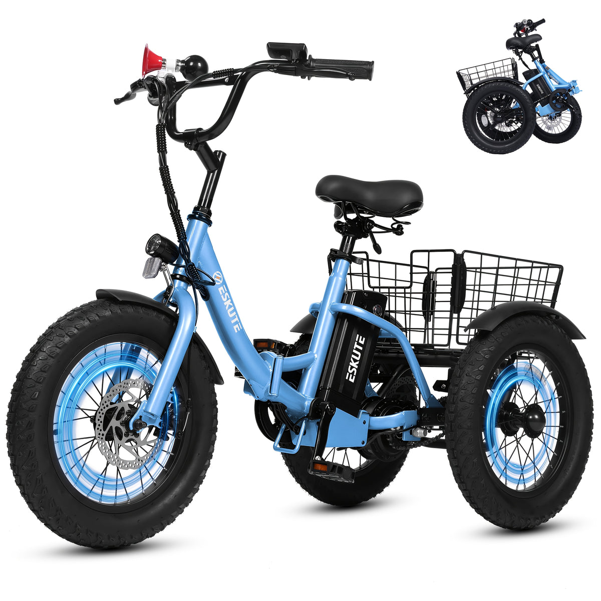 Electric Folding Tricycle for Middle-Aged&Elderly Adults, Low Step-Through Frame, 16 X 3.0 Inch Tires, 15AhRemovable Battery, Adjustable Height Seat with Baskets, for Grocery&Cargo, Fits Riders 3'9" to 5'7"