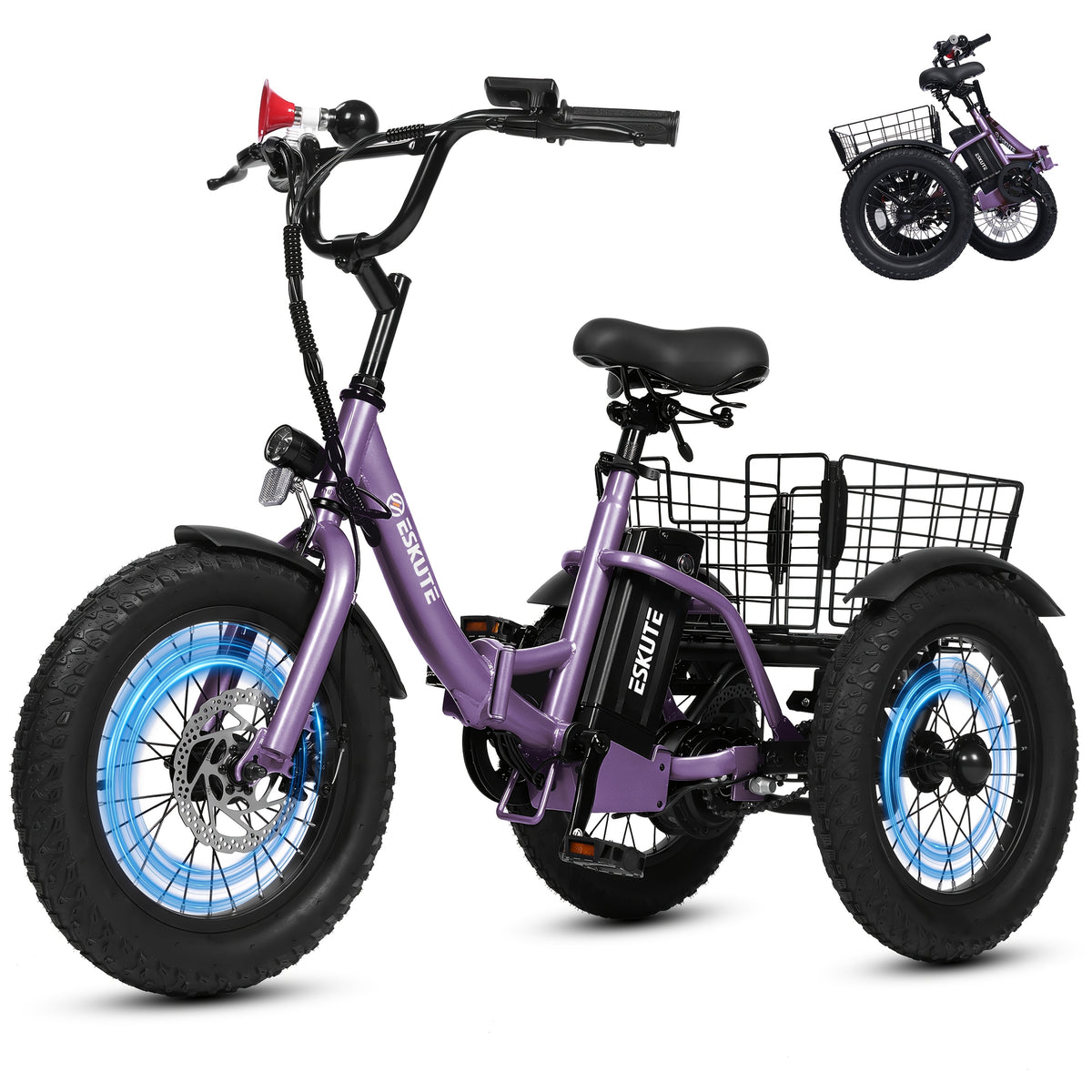 Electric Folding Tricycle for Middle-Aged&Elderly Adults, Low Step-Through Frame, 16 X 3.0 Inch Tires, 15AhRemovable Battery, Adjustable Height Seat with Baskets, for Grocery&Cargo, Fits Riders 3'9" to 5'7"