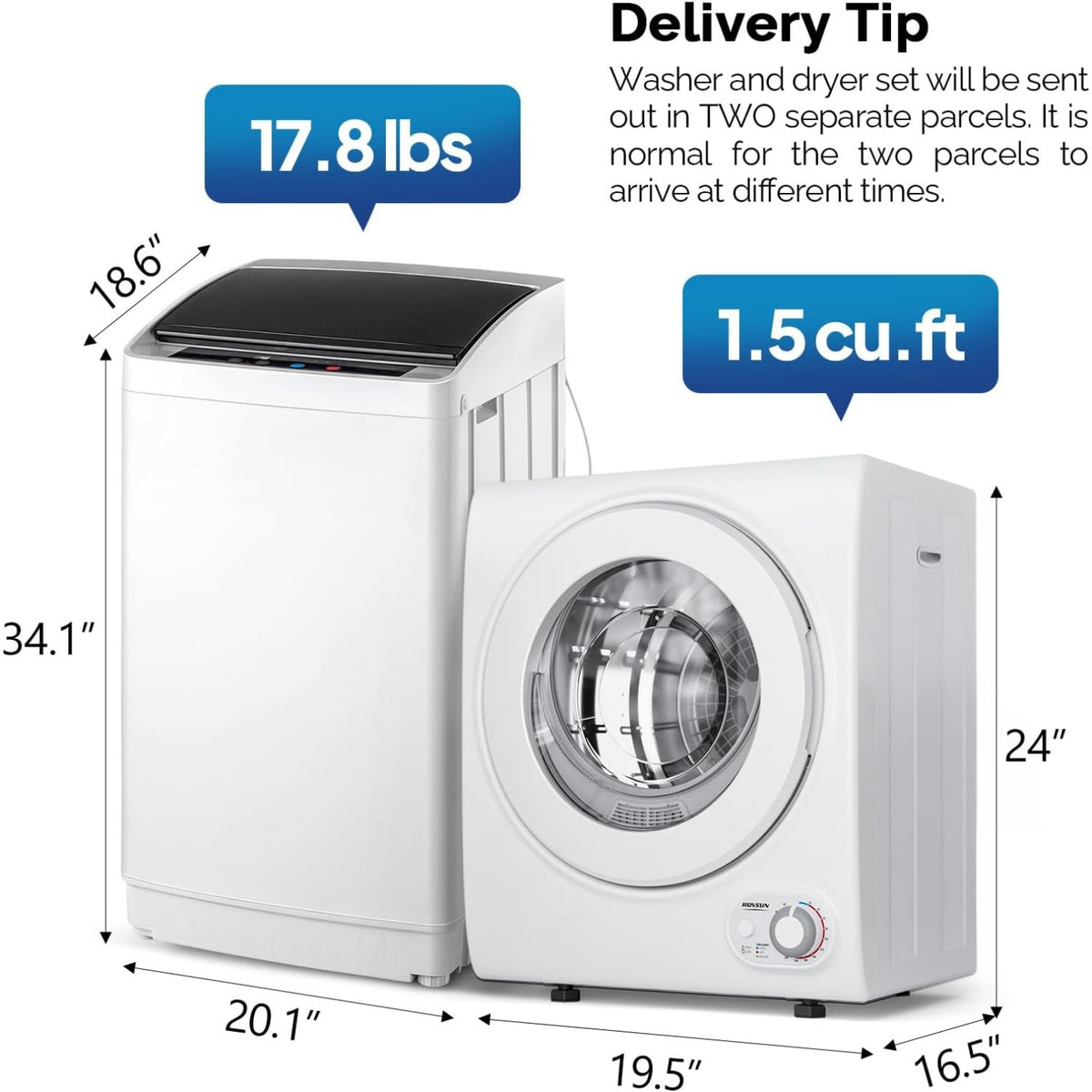 Washing Machine & Dryer Combo / Compact Laundry Set with Stainless Steel Tub / Smart Control, Quick Wash/Dry, Noise-Free /Apartment, Dorm, RV, Home Ideal for Small Spaces