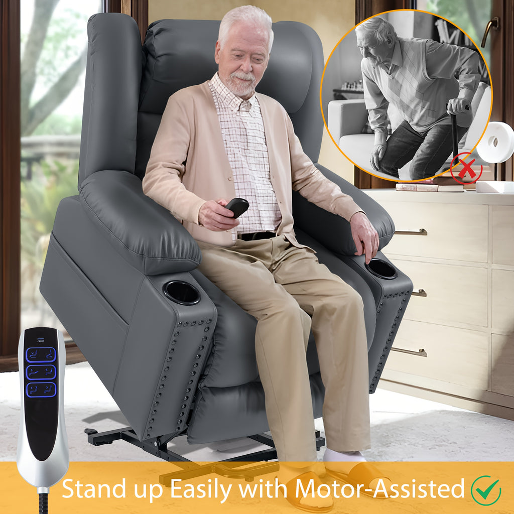 Triple Motor Large Power Lift Recliner Chair for Elderly with Heat and Massage, Lay Flat Lift Chairs for Seniors Infinite Position, Extended Footrest, USB Ports, Cup Holder, Faux Leather